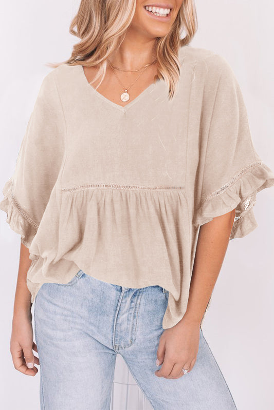 Apricot Ruffled Lace Detail Loose V-Neck Top