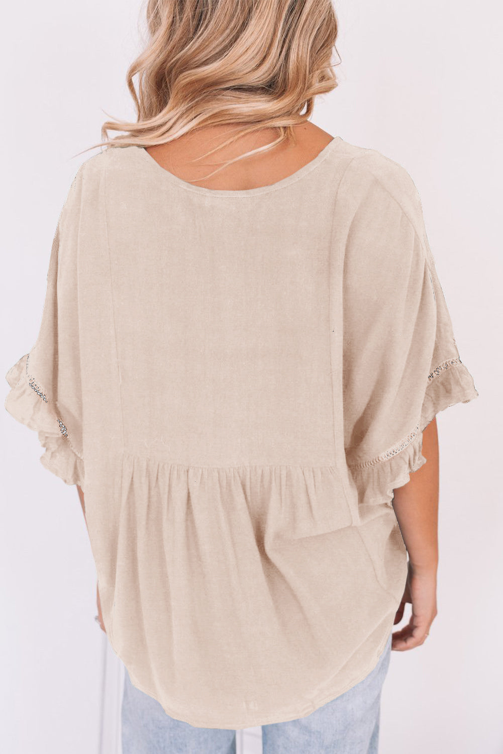 Apricot Ruffled Lace Detail Loose V-Neck Top